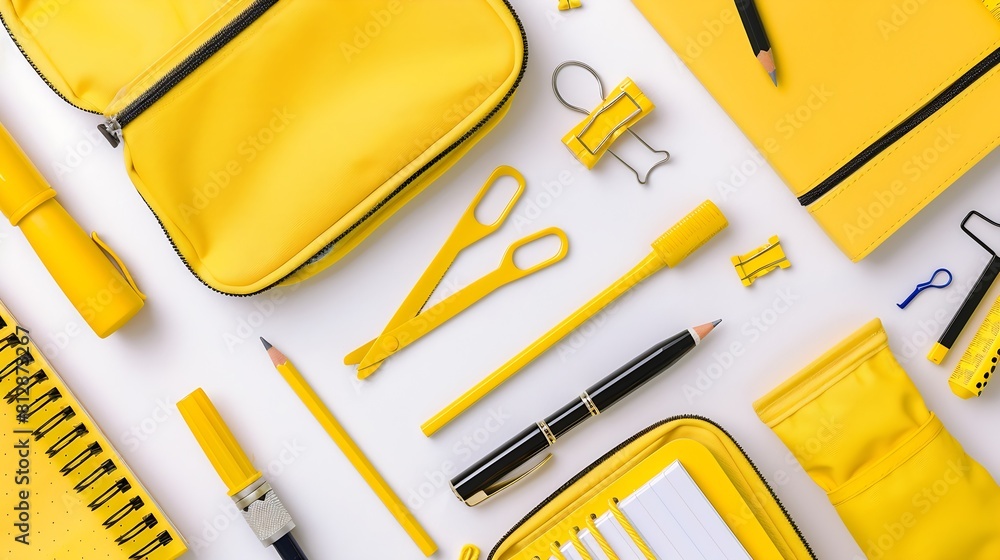 Poster Back to school concept Flat lay top view on school supplies stack notebook yellow full pencil case with pencils and pens notepad scissors isolated on white background : Generative AI