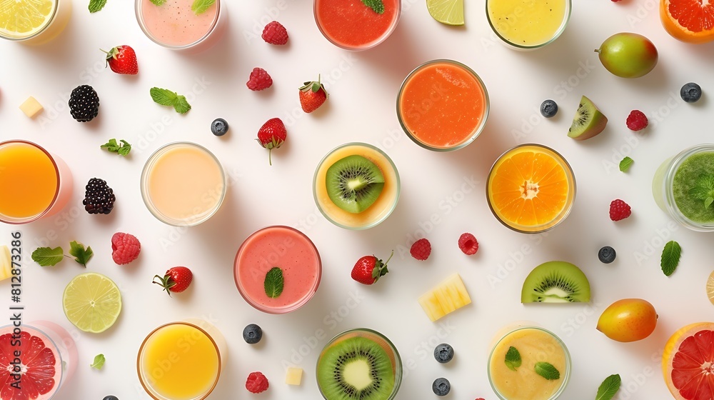 Aufkleber creative layout made of smoothies and fruits around flat lay food concept smoothies on the white bac