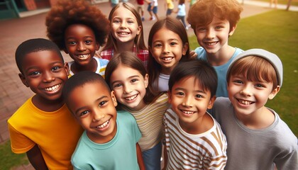 Fototapeta premium Group of smiling kids looking at camera while standing on the playground in school