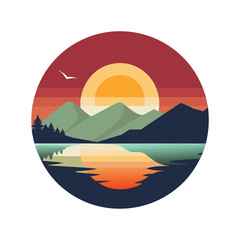 Fototapeta premium A sunset casting a warm glow over mountains surrounding a serene lake in the middle, A peaceful sunset over a tranquil lake, minimalist logo