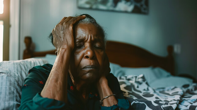 black old woman holding her head in stress, sitting on a bed, early monring time.
