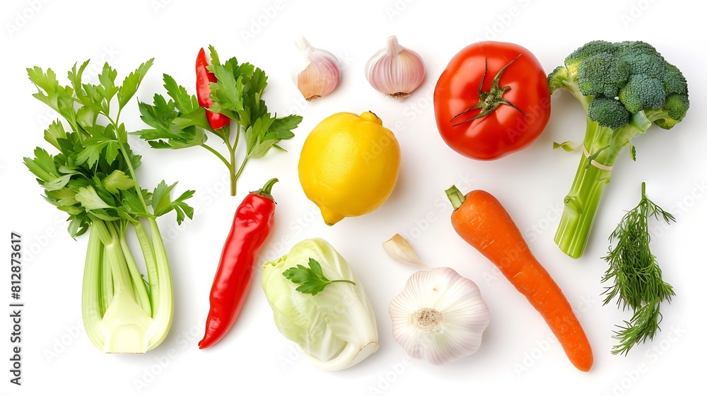 Poster fresh vegetables isolated on white background cabbage celery potato pepper onion carrot garlic lemon