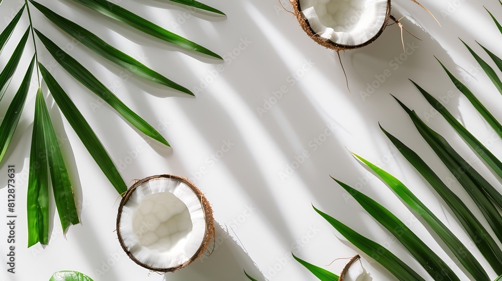 Poster fresh coconut and palm leaf creative layout isolated on white background food healthy eating and die
