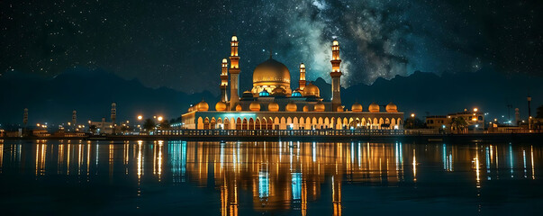 mosque with illuminating golden light in the night sky