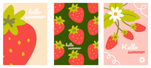Summer poster strawberries set in flat style. Art for poster, postcard, wall art, banner background. Modern set of summer cards with leaves, branches and flowers. 