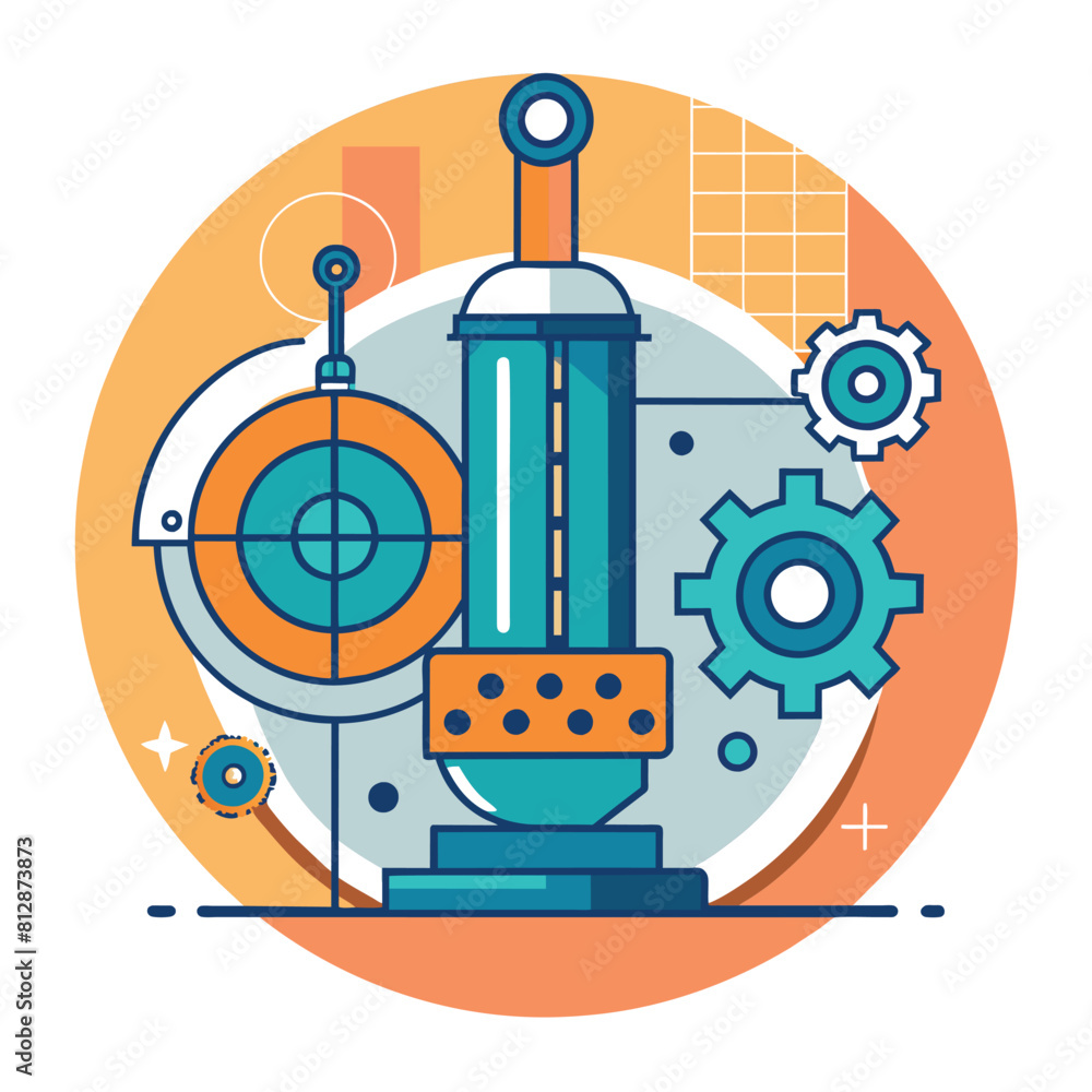 Poster a machine surrounded by interconnected gears, showcasing a complex mechanical system at work, a simp