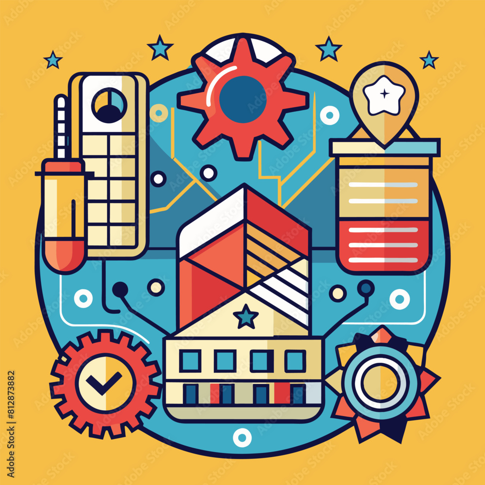 Aufkleber vibrant graphic depicting a building amidst an array of diverse objects, a simple yet impactful grap