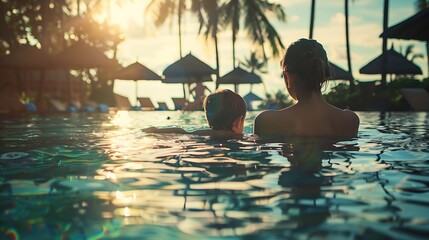 Mother and son relaxing in outdoor swimming pool of tropical resort Mom and child having fun together sunbathing Family summer vacation on exotic island Tourism Travel Thailand : Generative AI