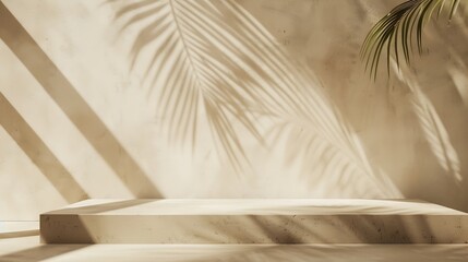 Minimal product placement background with palm shadow on beige plaster wall Luxury summer architecture interior aesthetic Boho home room for product platform stage mockup : Generative AI