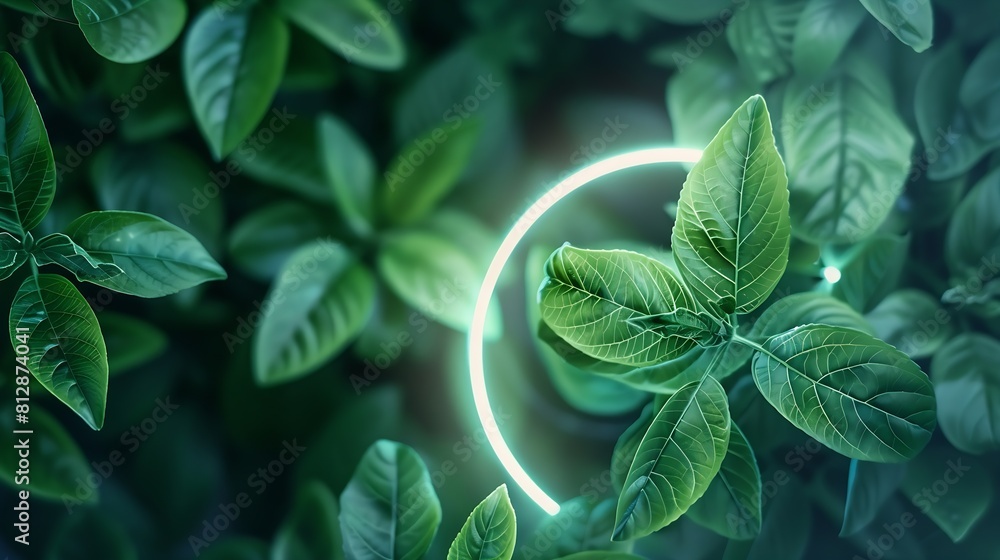 Poster beautiful and fresh green leaves with circle neon light creative nature background image for seasona