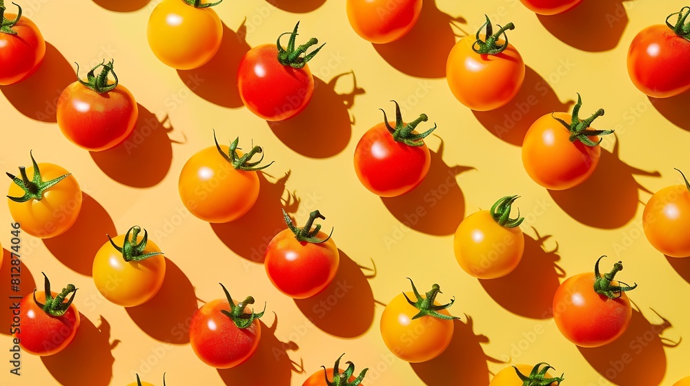 Poster flat lay of trendy gradient pattern tomato pattern of red orange and yellow tomatoes on trendy very 