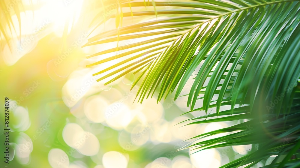 Aufkleber blur beautiful nature green palm leaf on tropical beach with bokeh sun light wave abstract backgroun