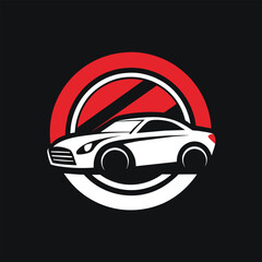 Logo featuring a white car enclosed in a red circle on a black background, A simplistic logo inspired by the world of automobiles, minimalist logo