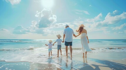 Happy family on the beach People having fun on summer vacation Father mother and child against blue sea and sky background Holiday travel concept : Generative AI
