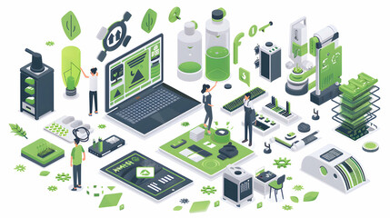 Innovators Creating Green Products to Meet Consumer Demand for Sustainability   Flat Design Icon Concept for Green Product Innovation in Isometric Scene