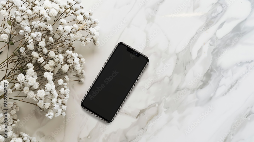 Aufkleber flatlay mobile phone on marble table aesthetic elegant blog online shopping online store social medi