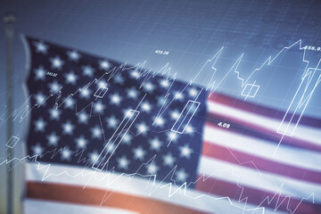 Abstract virtual financial graph hologram on USA flag and sunset sky background, forex and investment concept. Multiexposure
