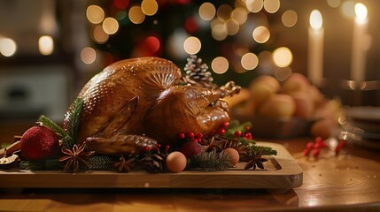 Front view of a rectangle shaped pedestal displayed with some Christmas ornaments Christmas food in some countries may include chicken soup or turkey : Generative AI