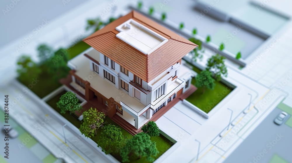 Aufkleber Volumetric project of house Layout of a house with an open roof Miniature layout of a cottage top view Building model as a symbol of architectural business Design in architectural bure : Generative AI