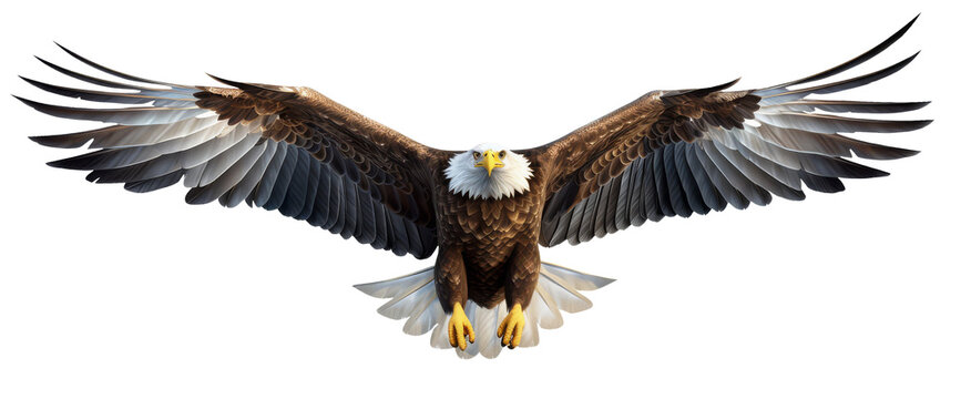 realistic an eagle is descending with its wings open with a front view, isolated on transparent png background