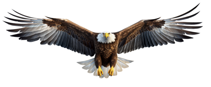 realistic an eagle is descending with its wings open with a front view, isolated on transparent png background