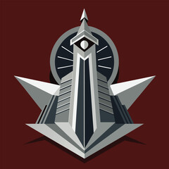 Stylized tower featuring a clock on top, with a sleek and minimalist design, A sleek and minimalist design reflecting the allure of the silver screen