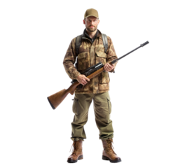 Hunter with rifle and suitable clothing-