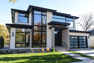 modern luxury home with expansive glass windows and sleek black trim in a suburban setting