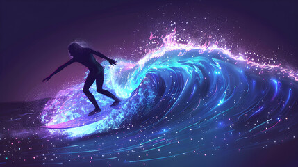 Obraz na płótnie Canvas Luminous Surf: Surfers Riding Bioluminescent Waves A Surreal Surfing Experience Under the Stars