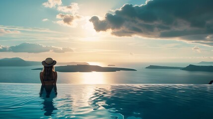 Young woman on vacation at Santorini women at the swimming pool looking out over the Caldera ocean of Santorini Girl at the infinity pool Oia Santorini Greece : Generative AI