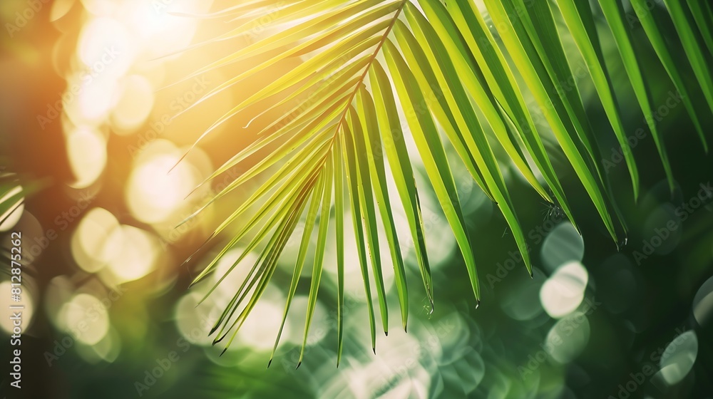 Aufkleber blur beautiful nature green palm leaf on tropical beach with bokeh sun light wave abstract backgroun