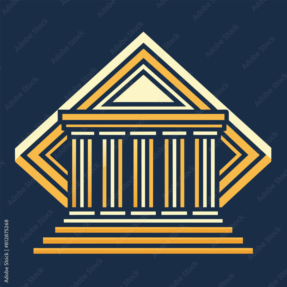 Poster A building with columns showcasing sleek and understated neoclassical design, A sleek and understated design featuring a geometric shape and a single line representing a bank