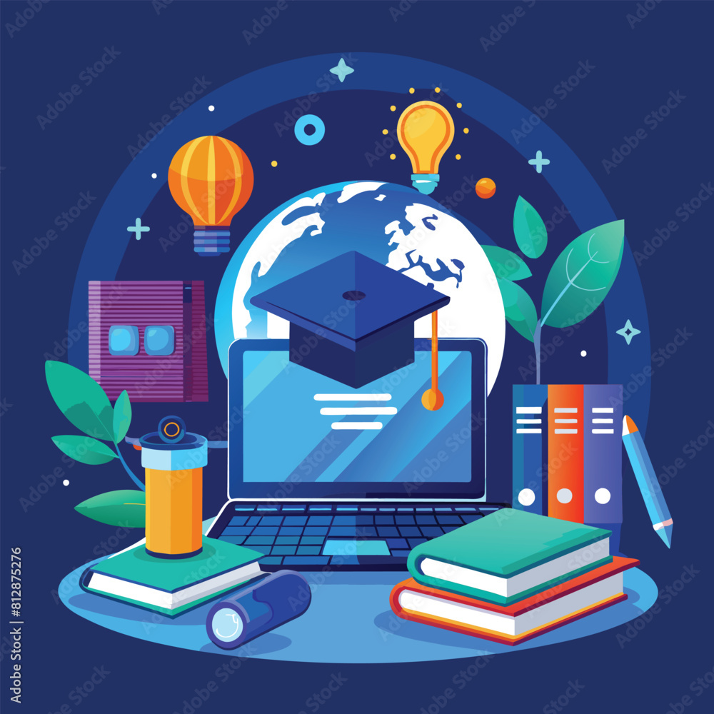 Poster a laptop displaying a graduation cap on top of it, a sleek and understated design for a virtual lear