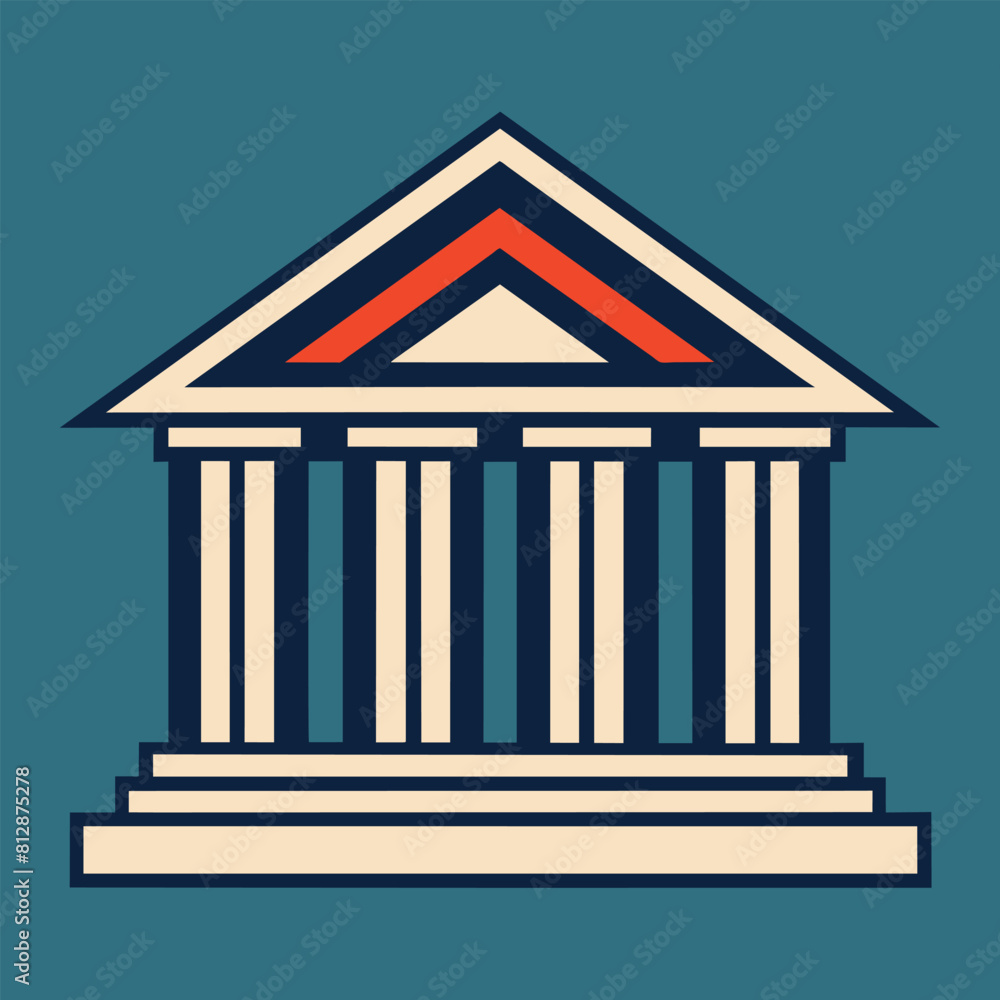 Poster a modern building with columns and a vibrant red roof against a clear sky, a sleek and understated d