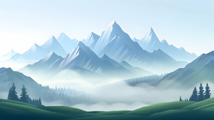Misty Morning in Alpine Meadows: A mystical touch with fog and sunlight. Simple flat isometric illustration concept.