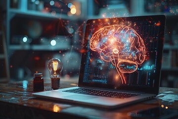brain inside light bulb highlighting themes of innovation, creativity, and technology with vibrant digital and electronic circuit background