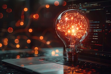 brain inside light bulb highlighting themes of innovation, creativity, and technology with vibrant digital and electronic circuit background