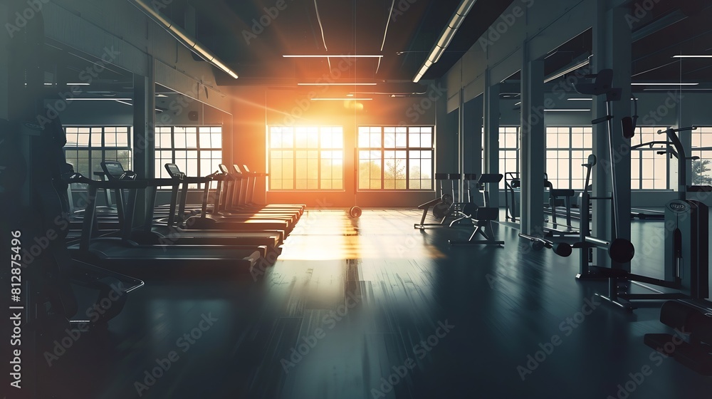 Poster Gym interior and empty space or dark room with window and light flare for exercise training and fitness workout No people sports club and floor layout of exercising venue facility and  : Generative AI