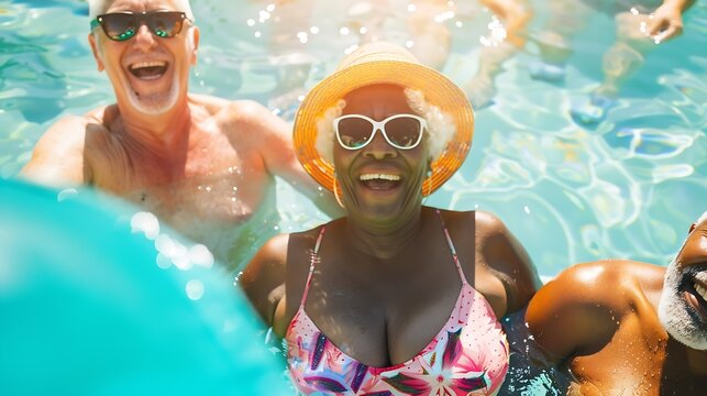 Portrait Of MultiCultural Group Of Senior Friends Relaxing In Outdoor Pool On Summer Vacation : Generative AI