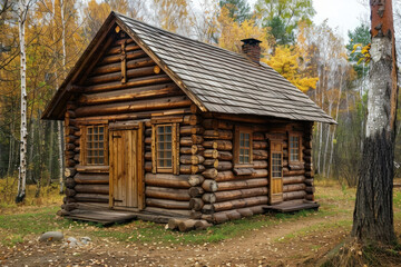 rustic log cabin surrounded by autumn trees in a serene forest setting
