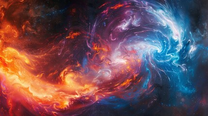 Vibrant cosmic energy surge with dynamic interplay of electric blues and fiery reds. Magnetic storm in outer space. Concepts of cosmos, energy, abstract, fantasy background and dynamic flow.