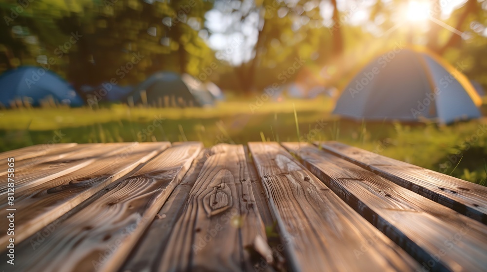Poster wooden table top on blur tent camping travel tent and grass fieldfresh and relax conceptfor montage 