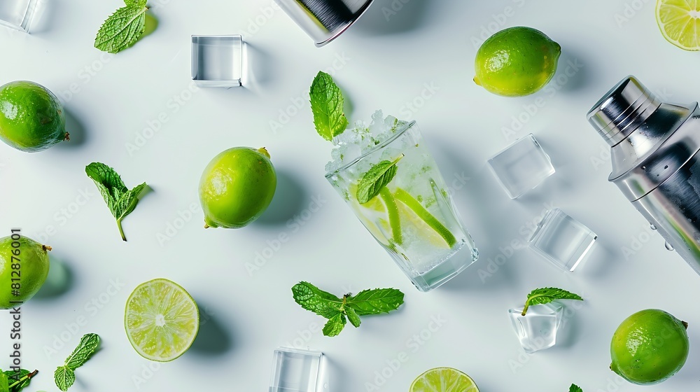 Poster flat lay composition with fresh juicy limes mint ice cubes and cocktail shaker on white background :