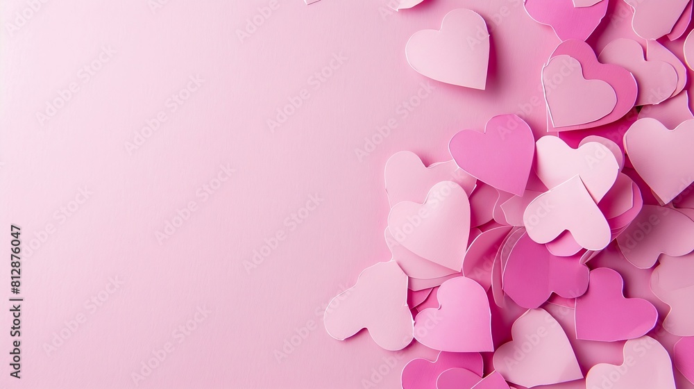 Poster composition for valentines day february 14th delicate pink background and pink hearts cut out of pap