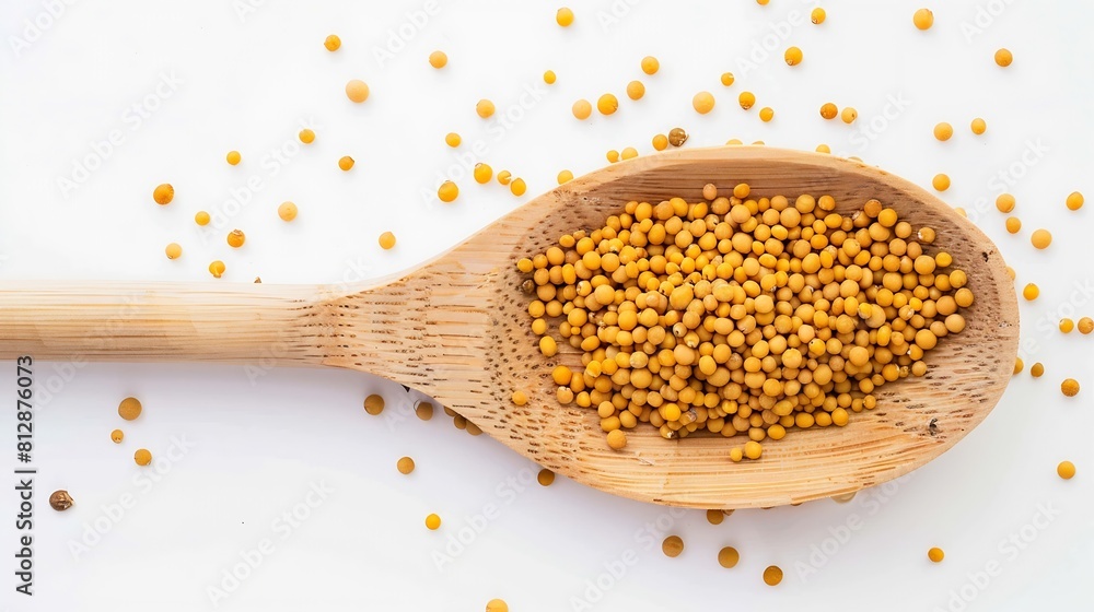 Poster yellow mustard seeds in bamboo wooden spoon creative layout mustard seed isolated on white backgroun