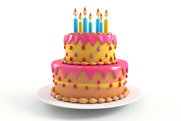 3d two tier birthday cake in cartoon style isolated on white background