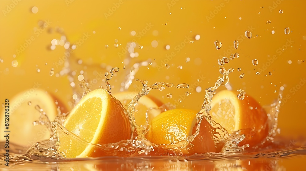Poster creative layout made from fresh sliced oranges and orange fruit and water splashing on a orange back