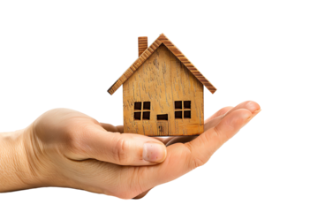 Hand holding a small simple house on isolated transparent background