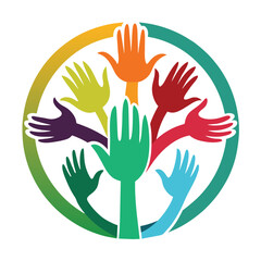 Obraz premium A group of hands interlocked in a circular formation, symbolizing unity and support, A symbol for a volunteer group that showcases helping hands in a clean, modern style