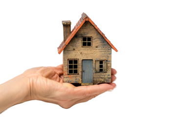 Hand holding a small simple house on isolated transparent background